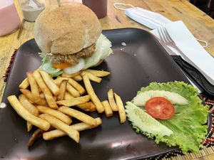 (vegan) Chicken burger, 140 baht  at Vegan Heaven in Chiang Mai