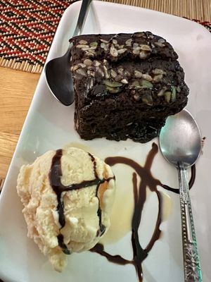 Brownie and vanilla ice cream   at Vegan Heaven in Chiang Mai