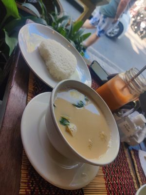 Pumpkin soup and heart shaped boiled rice at Vegan Heaven in Chiang Mai