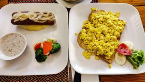 Bangers & Mash with scrambled tofu toast. at Vegan Heaven in Chiang Mai