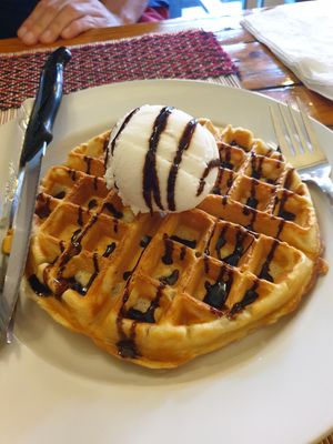 Waffle with coconut icecream at Vegan Heaven in Chiang Mai