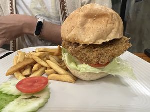 Chicken burger and fries   at Vegan Heaven in Chiang Mai