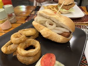 Hot dog and onion rings   at Vegan Heaven in Chiang Mai
