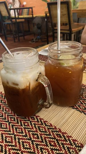 Thai tea w/ coconut milk and lime tea  at Vegan Heaven in Chiang Mai