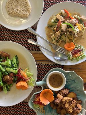 Panang curry, mushroom satay and crispy pork  at Vegan Heaven in Chiang Mai