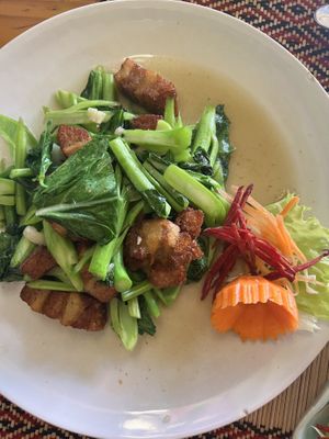 Crispy vegan pork with Chinese cabbage  at Vegan Heaven in Chiang Mai