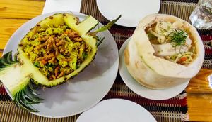 Pineapple Fried Rice and Hau Mok. at Vegan Heaven in Chiang Mai