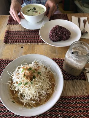 Khao soi and ice latte  at Vegan Heaven in Chiang Mai