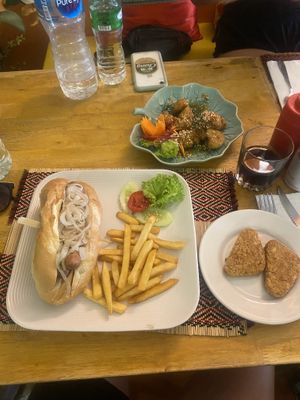 Hot dog & hash browns  at Vegan Heaven in Chiang Mai