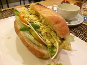 Tofu scramble on baguette. at Vegan Heaven in Chiang Mai