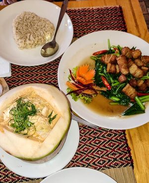 Hor Mok and Stir-fried Kale with Crispy Pork at Vegan Heaven in Chiang Mai