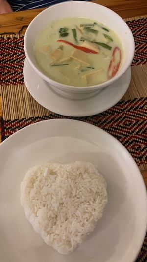 Green curry, cute love heart rice   at Vegan Heaven in Chiang Mai