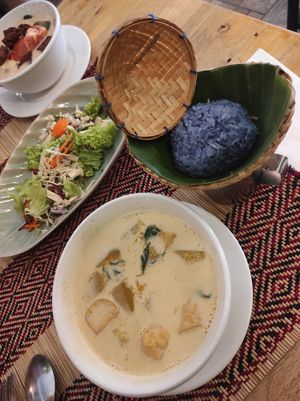 Pumpkin curry, sticky rice, mushroom larb at Vegan Heaven in Chiang Mai