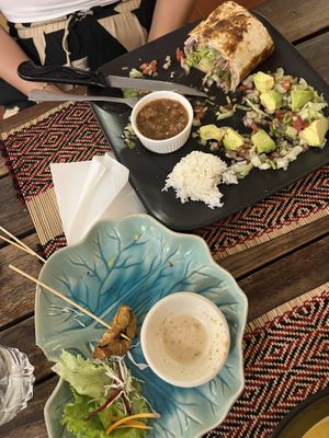 Vegan chicken burrito & mushroom satay  at Vegan Heaven in Chiang Mai