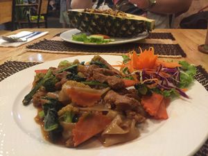 pineapple fried rice and noodles at Vegan Heaven in Chiang Mai