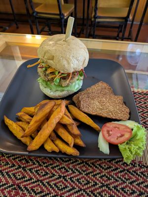 Mushroom Burger with added Tempeh at Vegan Heaven in Chiang Mai