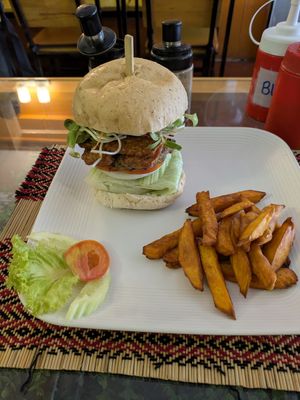 Veggie Burger with Added Tempeh at Vegan Heaven in Chiang Mai