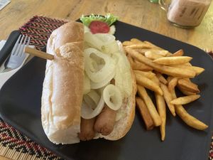Hot dog and chips  at Vegan Heaven in Chiang Mai