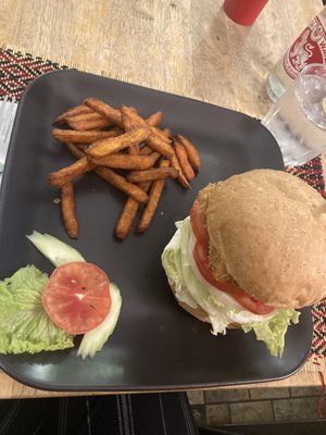 Chicken burger and sweet potato fries   at Vegan Heaven in Chiang Mai