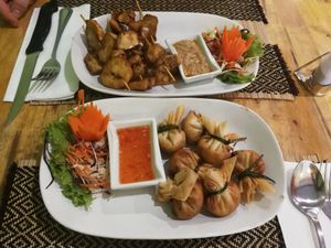 Mushroom Saté & Fried dumplings at Vegan Heaven in Chiang Mai
