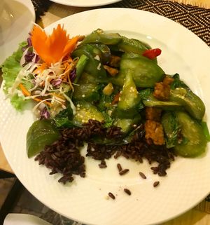 Eggplant with tempeh and black rice at Vegan Heaven in Chiang Mai