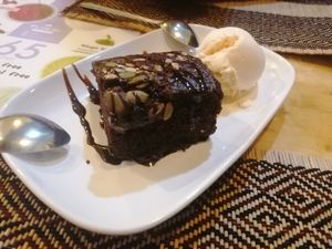 Brownie and vanilla ice cream 90 baht at Vegan Heaven in Chiang Mai