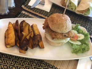‘Crispy chicken’ burger full of onion - great!! at Vegan Heaven in Chiang Mai