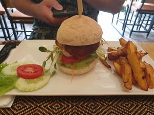Tofu burger and sweet potato chips at Vegan Heaven in Chiang Mai