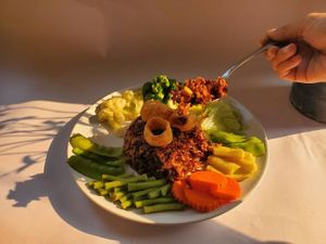 Vegan Tom Yum fried rice with steamed veggies at Vegan Heaven in Chiang Mai