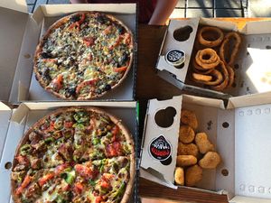 Top left vegetarian pizza, bottom left vegan pizza and vegan nuggets  at Hell Pizza in Taupo