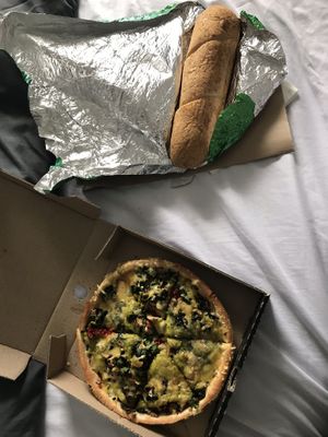 Vegan pizza and garlic bread at Hell Pizza in Taupo