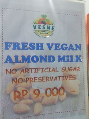 the almond milk is very sweet at Vesne Vegetarian Kitchen in Jakarta