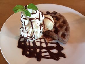waffle, vanilla ice cream, chocolate sauce, and coconut whipped cream (all vegan) at Sayuri Healing Food in Ubud