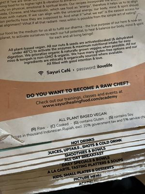 Menu  at Sayuri Healing Food in Ubud