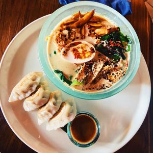 Ramen with boiled egg and gyozas   at Sayuri Healing Food in Ubud