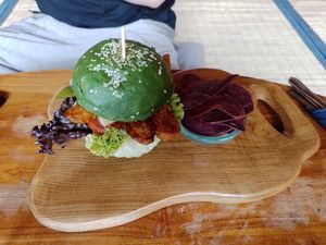 Teriyaki Tempeh Burger. at Sayuri Healing Food in Ubud