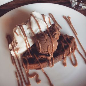quinoa breakfast waffle with raw caocao icecream, coconut whip and date caramel at Sayuri Healing Food in Ubud