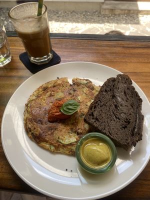 Vegan omelette & iced cappucino with coconut milk  at Sayuri Healing Food in Ubud