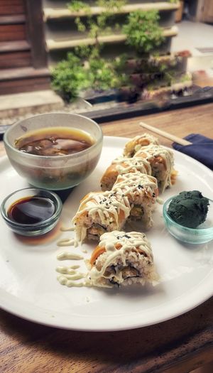 Brown rice maki w. smoked papaya salmon, teriyaki tempeh, cashew Californian sauce, pickles and miso + fresh spirulina. Would have been perfect if the rice didn’t contain sugar.  at Sayuri Healing Food in Ubud