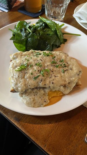 Croque monsieur breakfast - Sourdough bread, eggplant, cheese, bechamel sauce, spinach (absolutely delicious if you like a lot of sauce!)   at Sayuri Healing Food in Ubud