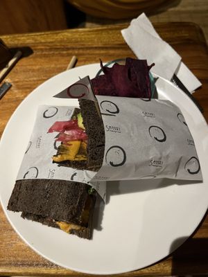 Reuben sandwich with sweet potato crisps  at Sayuri Healing Food in Ubud