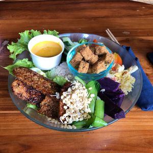 Nourish-A-Bowl, with curry dressing and cheesy croutons, it was really filling  at Sayuri Healing Food in Ubud