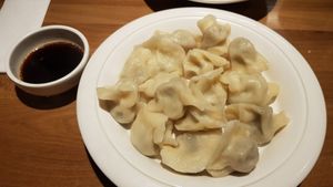 Dumplings with some greens as a filling at Cun Cao Xin Yi Zu Mu Vegetarian in Shanghai