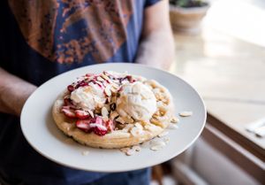 the coconut waffles are gluten free and VEGAN topped with different toppings every week - at the moment it's soy ice cream, strawberries, almond flakes and raspberry sauce at Augnablik - Pop-up in Adelaide