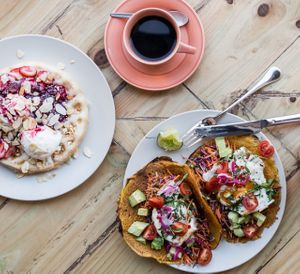 filter coffee comes with one free refill - The breakfast tacos are delicious and available completely vegan. at Augnablik - Pop-up in Adelaide
