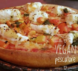 Vegan pescatore,  delicious large mock garlic prawns, notzarella cheese fresh tomato and vegan basil pesto at Sonny's Pizza Bar in Klemzig