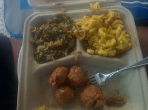 Dinner plate: Chickn, greens, mac & cheese at The Veg Hub in Oakland