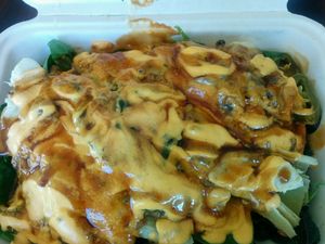 delicious spinach mushroom terriyaki on salad base at The Veg Hub in Oakland