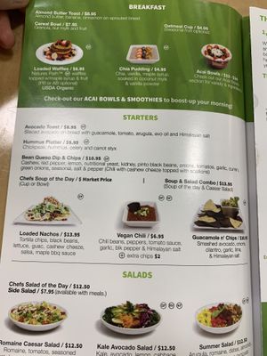 Breakfast, starters and salad menu at Juice 2 U in Pompano Beach