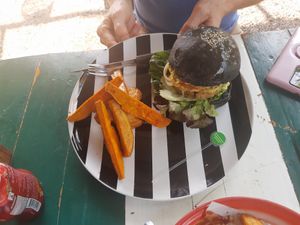Falafel burger and homefries at Happy Veggie in Koh Lanta